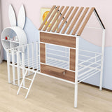 Kids Metal Low Twin Tree House Loft Bed with Window, Roof