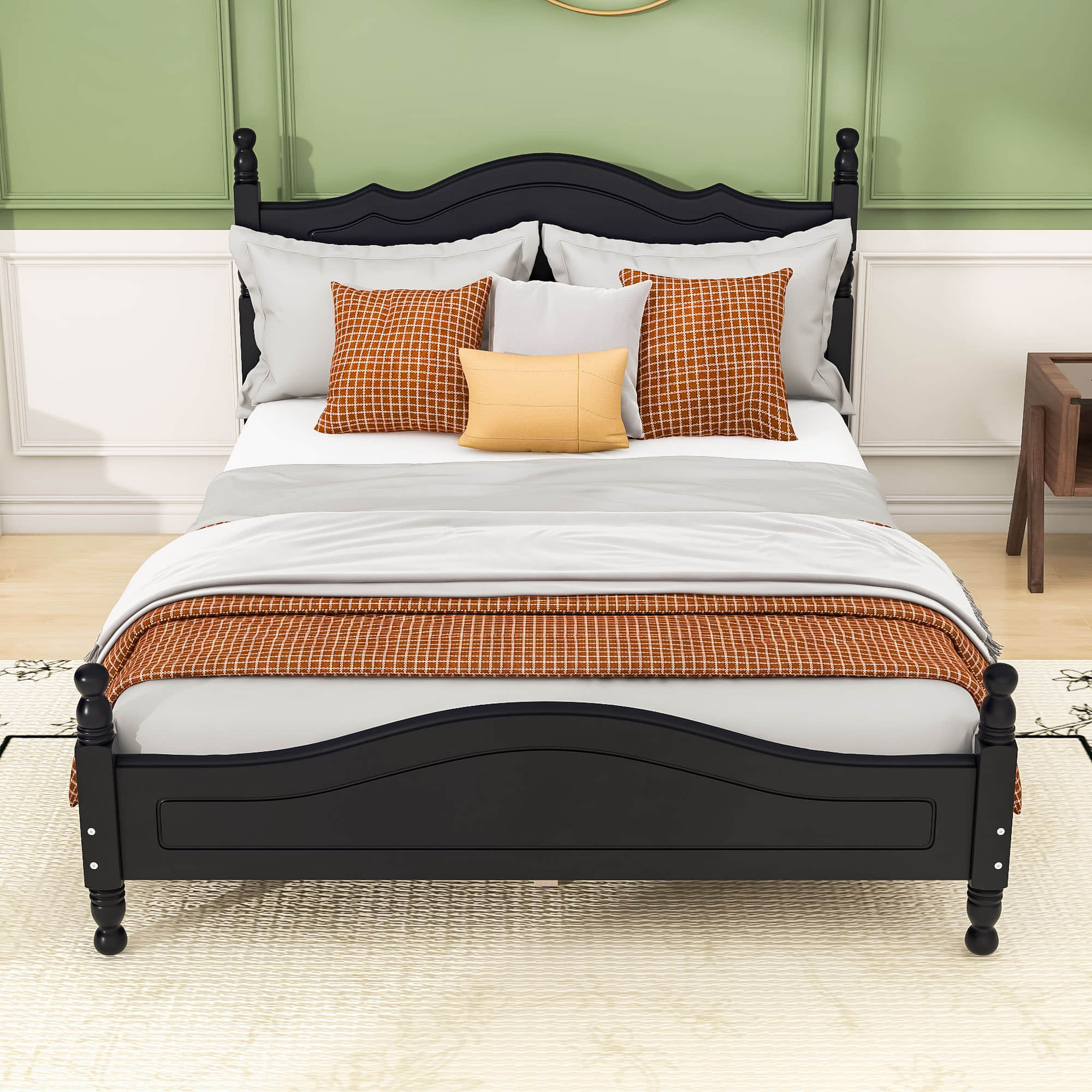 Traditional Full Size Low Profile Wood Platform Bed Frame with Headboard