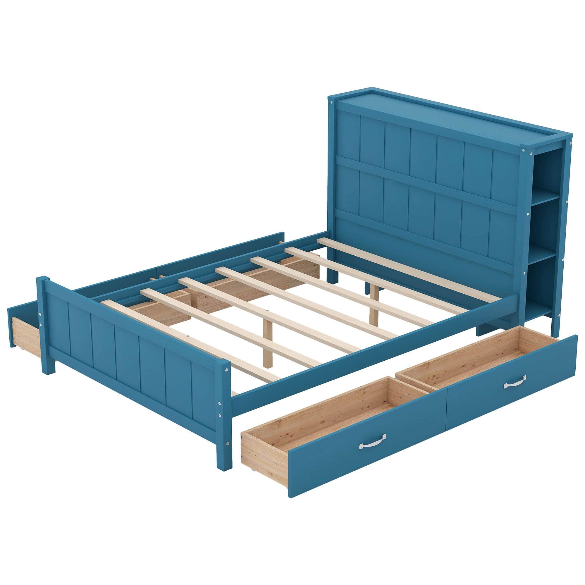 Wooden Full Size Platform Bed with Headboard and Storage - [Drawers, Shelves]