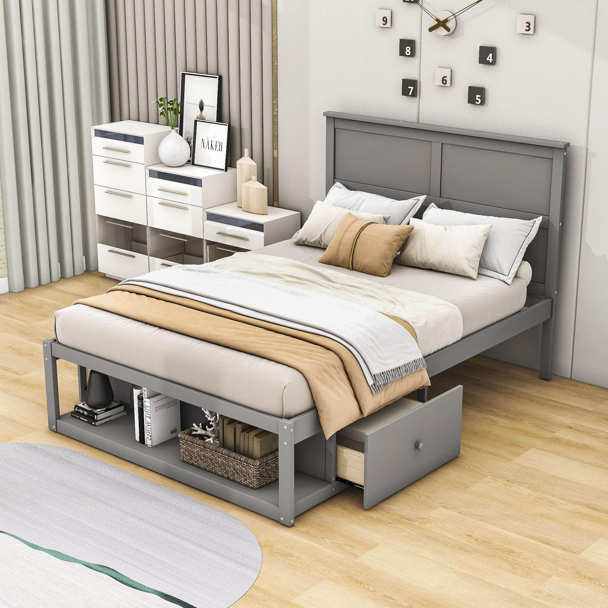 Wooden Full Size Platform Bed with Storage - [Drawers, Shelf]