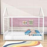 Full Size Metal House Toddler Floor Bed with Rails for Boys and Girls