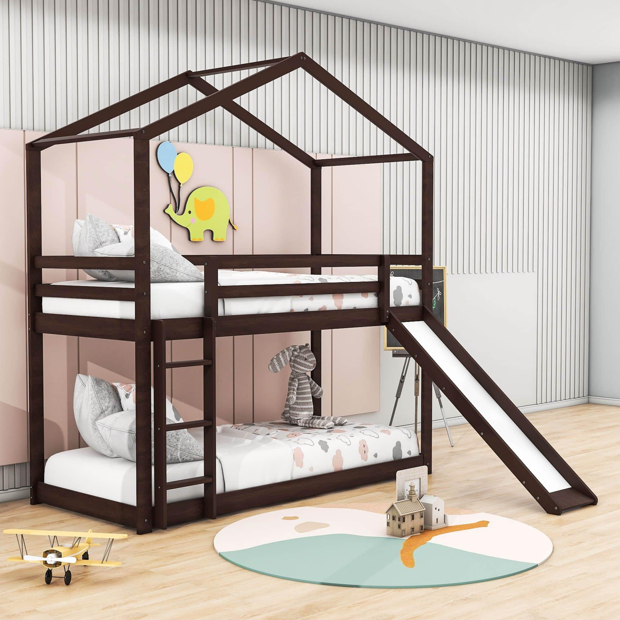 Low Fun Twin Over Twin House Bunk Beds for Kids with Slide - [Floor]