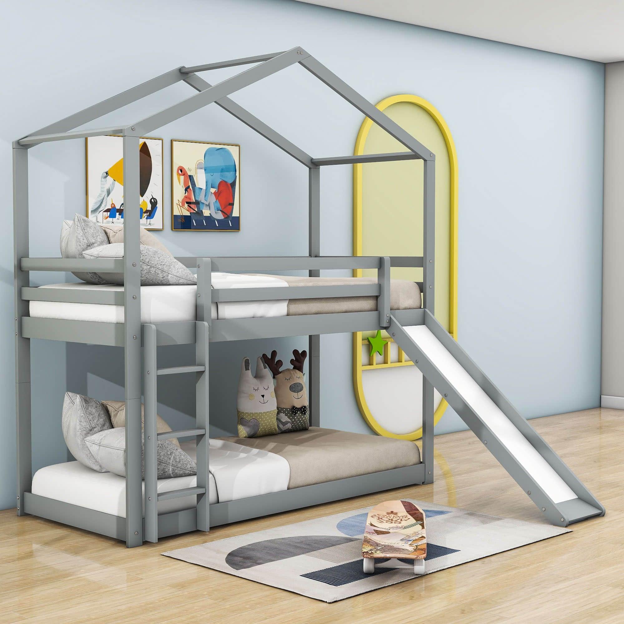 Low Fun Twin Over Twin House Bunk Beds for Kids with Slide - [Floor]