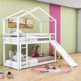 Low Fun Twin Over Twin House Bunk Beds for Kids with Slide - [Floor]