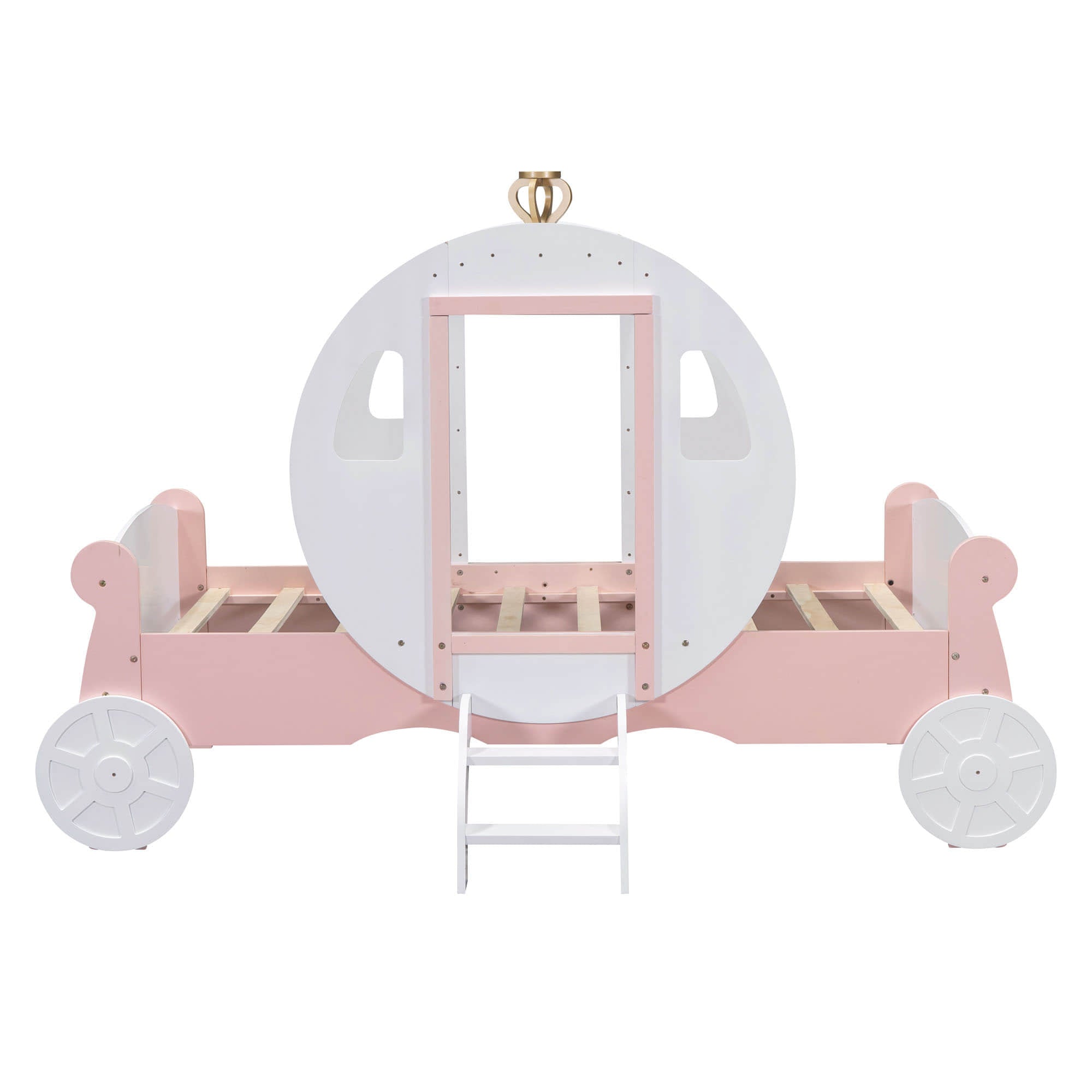 Twin Wood Girls Princess Bed with Stairs - [Carriage Bed with Crown]