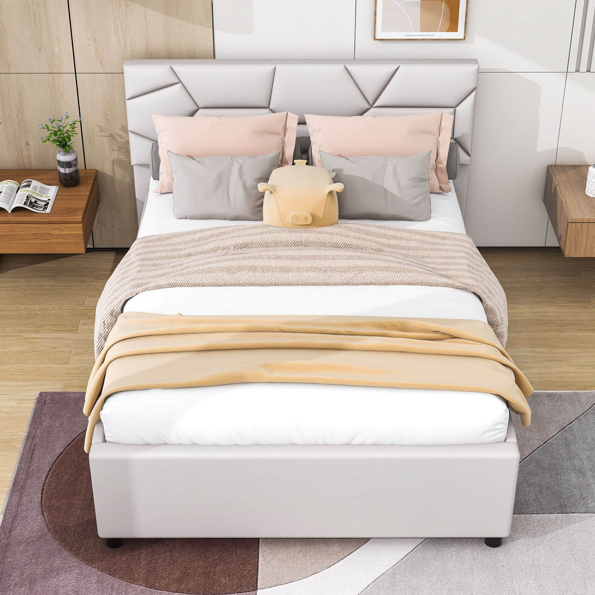 Full Upholstered Platform Bed Frame with Headboard, Twin Trundle Bed