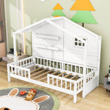 Low Profile Twin House Bed Frame for Kids with Rails and Light Strip