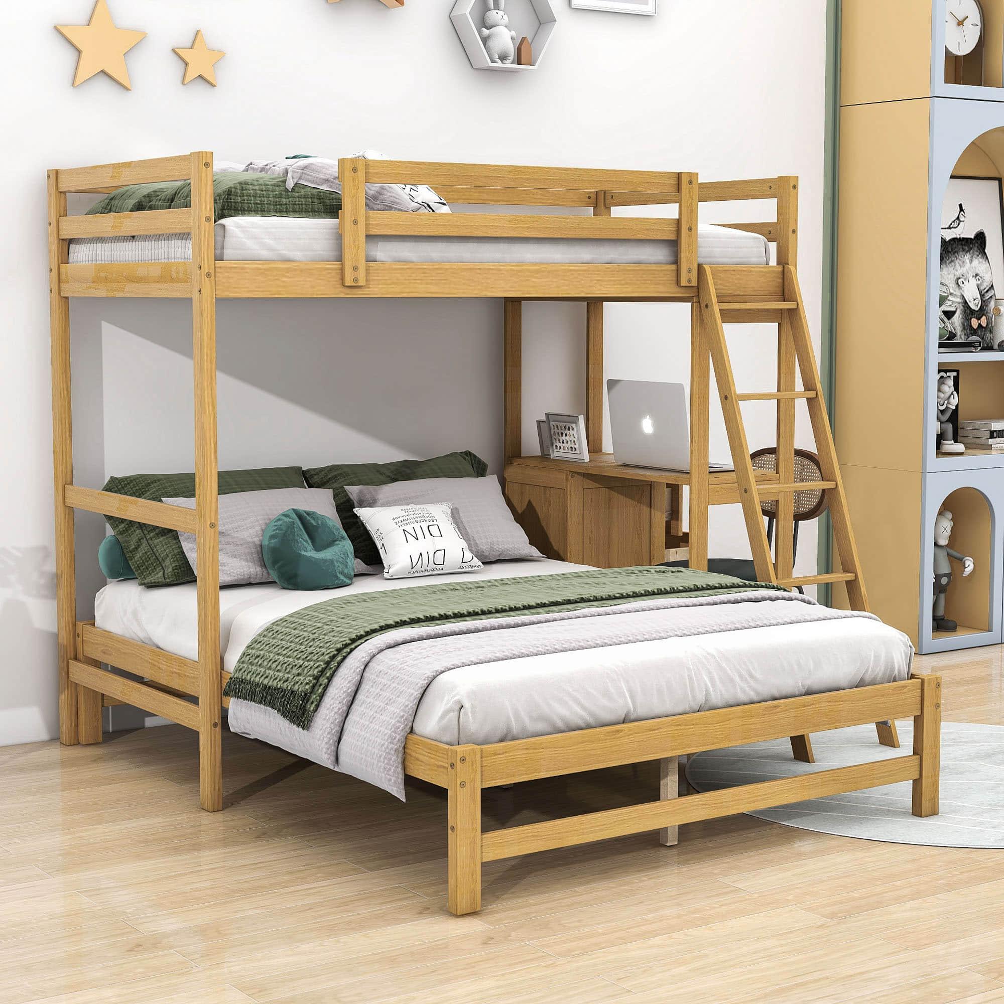 Twin Over Full Bunk Beds with Desk and Storage Drawers - [Wooden, Detachable, L-Shaped]