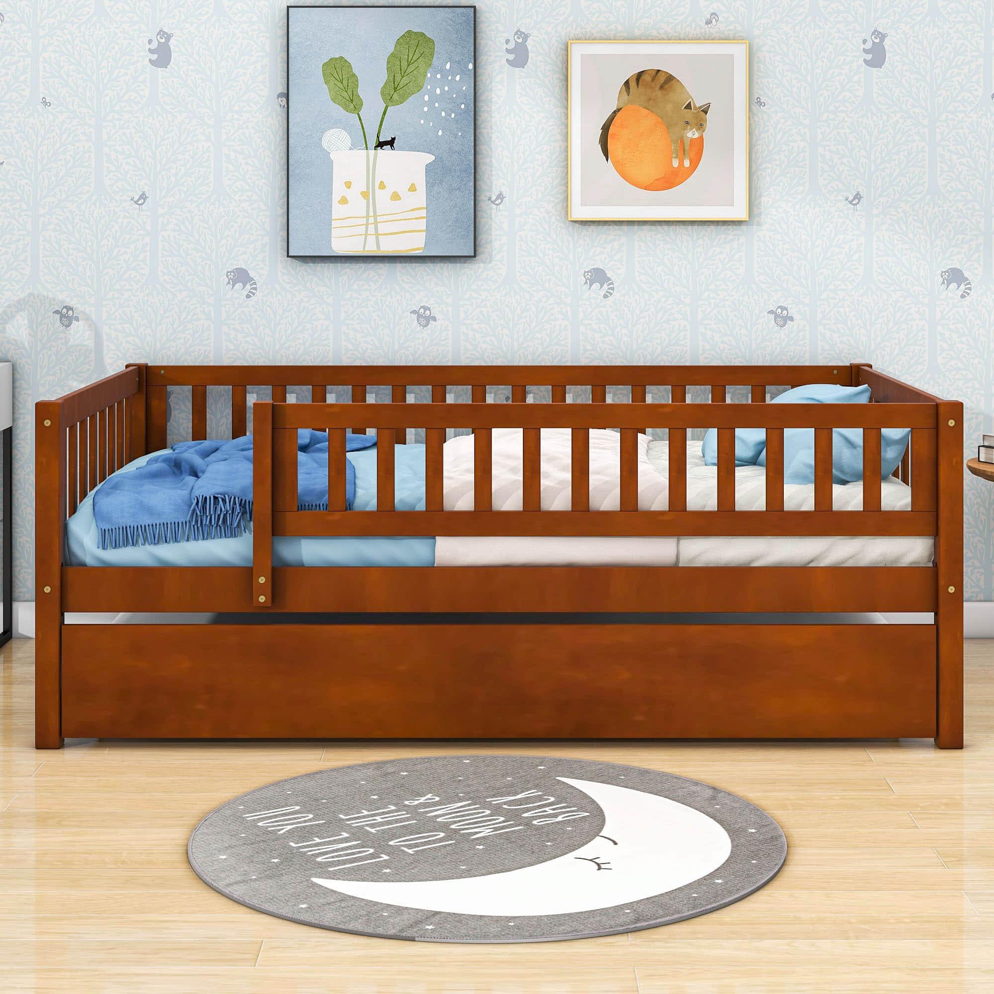 Wooden Twin Low Kids Bed with Twin Size Trundle and Rails