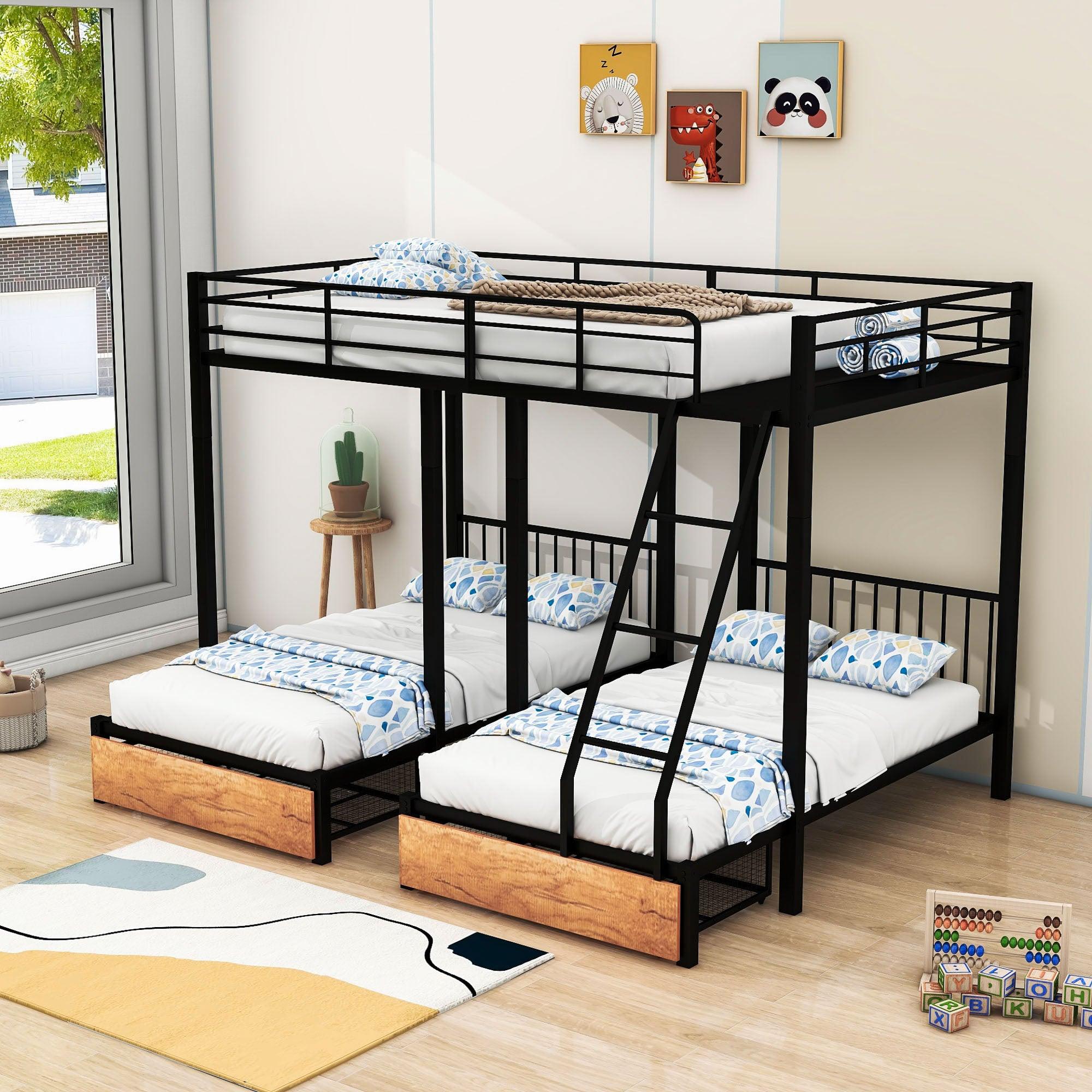 Full Over Twin & Twin Triple Bunk Beds with Storage - [Metal, Drawers, Table]