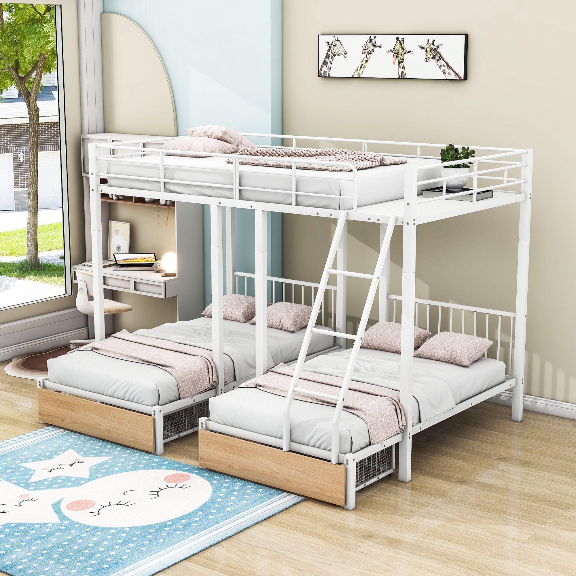 Full Over Twin & Twin Triple Bunk Beds with Storage - [Metal, Drawers, Table]