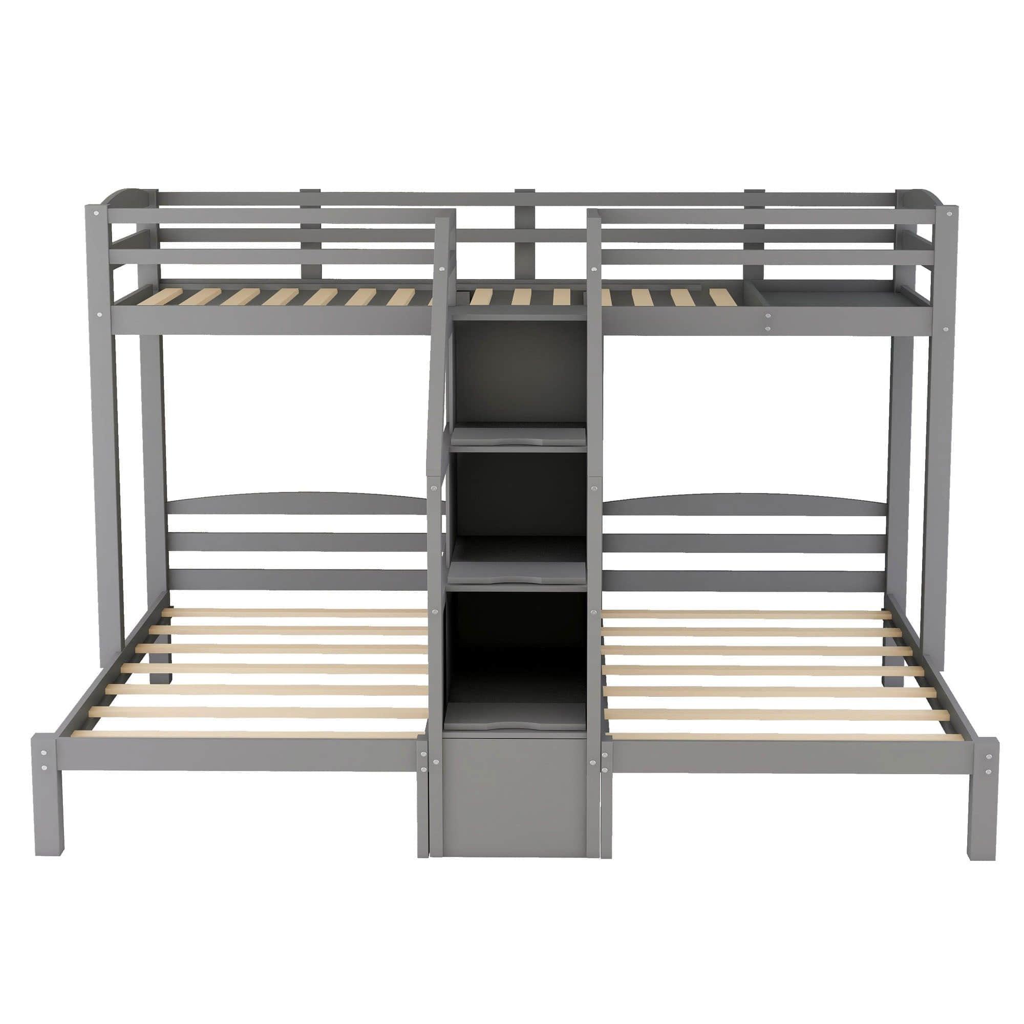 Wood Twin over Twin & Twin Triple Bunk Bed for Kids with Stairs and Storage