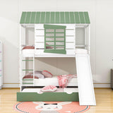 White Twin Over Twin House Bunk Beds with Slide and Trundle - [Wooden, Convertible]