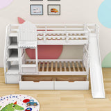 Girls Twin Over Twin Castle Bunk Bed with Slide and Stairs, Storage