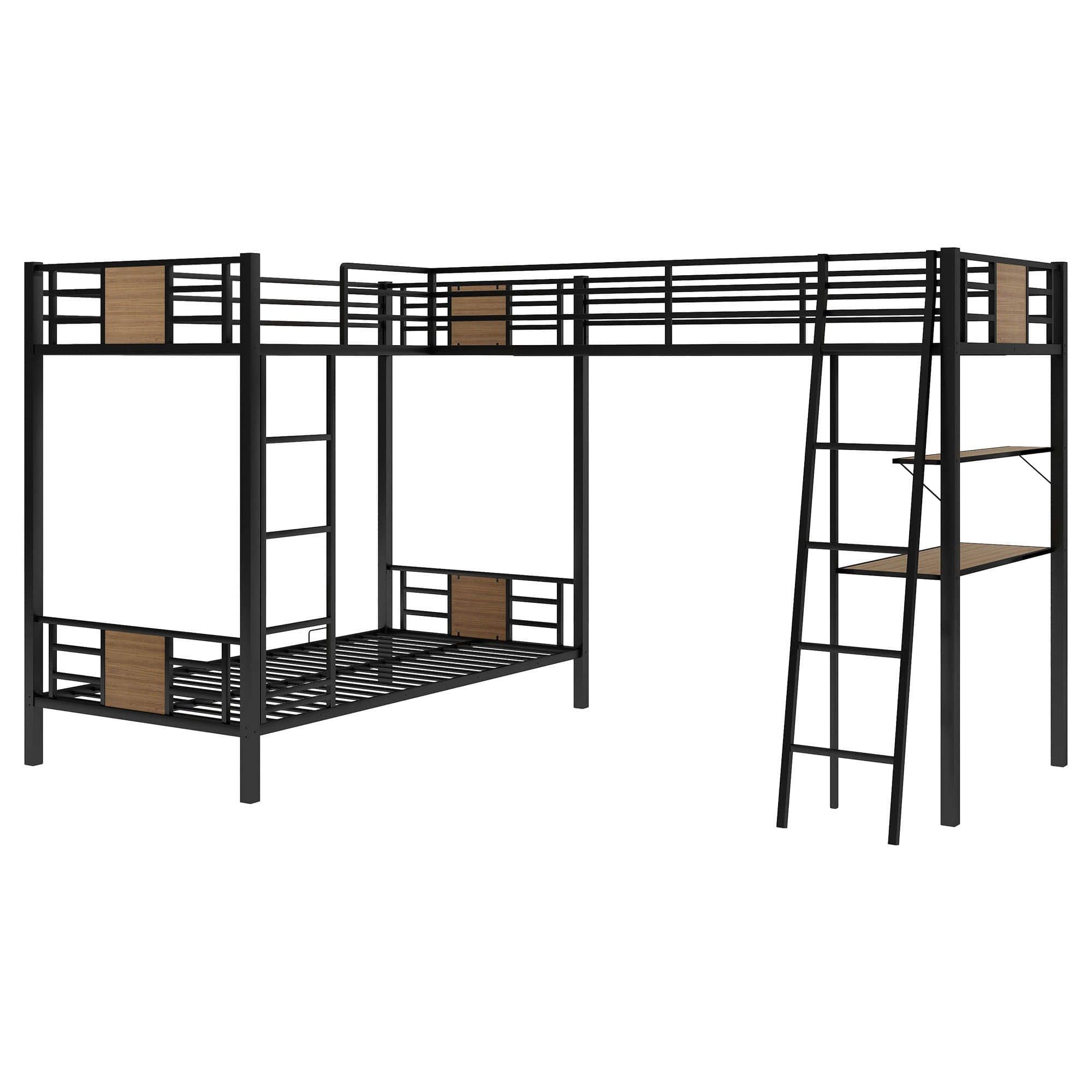 Twin Over Twin Loft Triple Bunk Beds with Desk and Storage for Kids - Metal