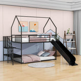 Metal House Twin Loft Bunk Beds for Kids with Stairs and Slide - [Low]