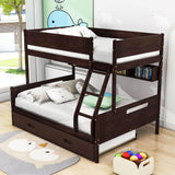 Wooden Twin Over Full Bunk Beds with Trundle and Storage Bookshelves