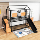 Kids Low Twin Over Twin House Metal Bunk Beds with Stairs and Slide