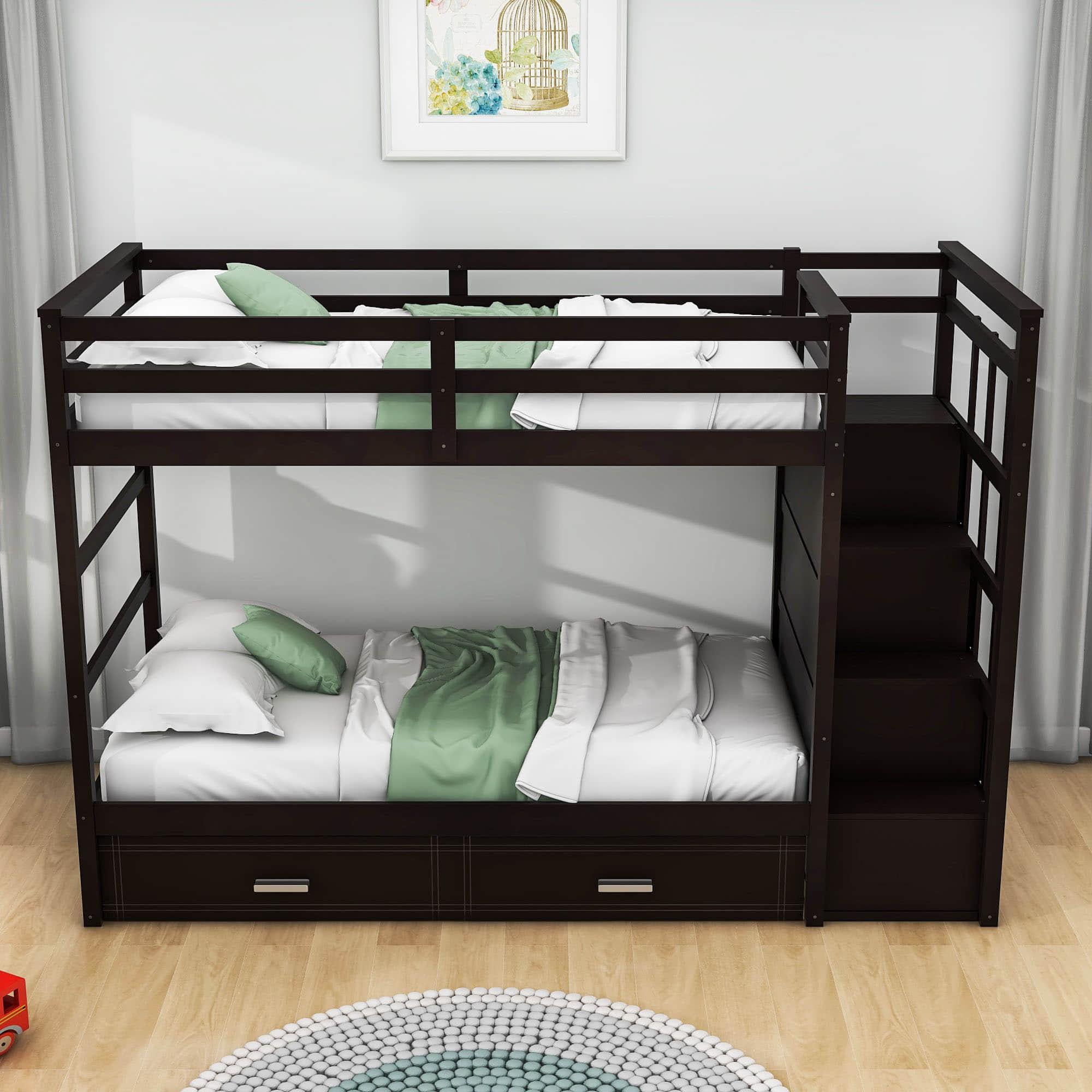 Twin Over Twin Bunk Beds with Stairs, Storage and Trundle - [Wooden, Drawers]