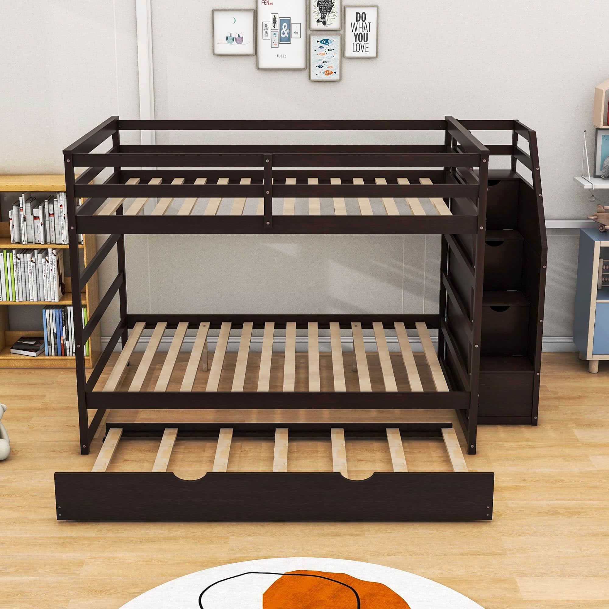 Full Over Full Bunk Beds with Stairs and Storage, Trundle - [Wood, Cabinets]