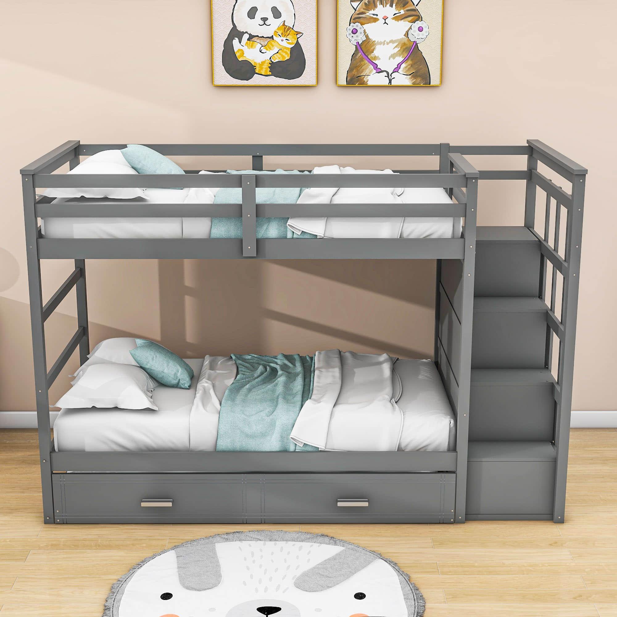 Twin Over Twin Bunk Beds with Stairs, Storage and Trundle - [Wooden, Drawers]