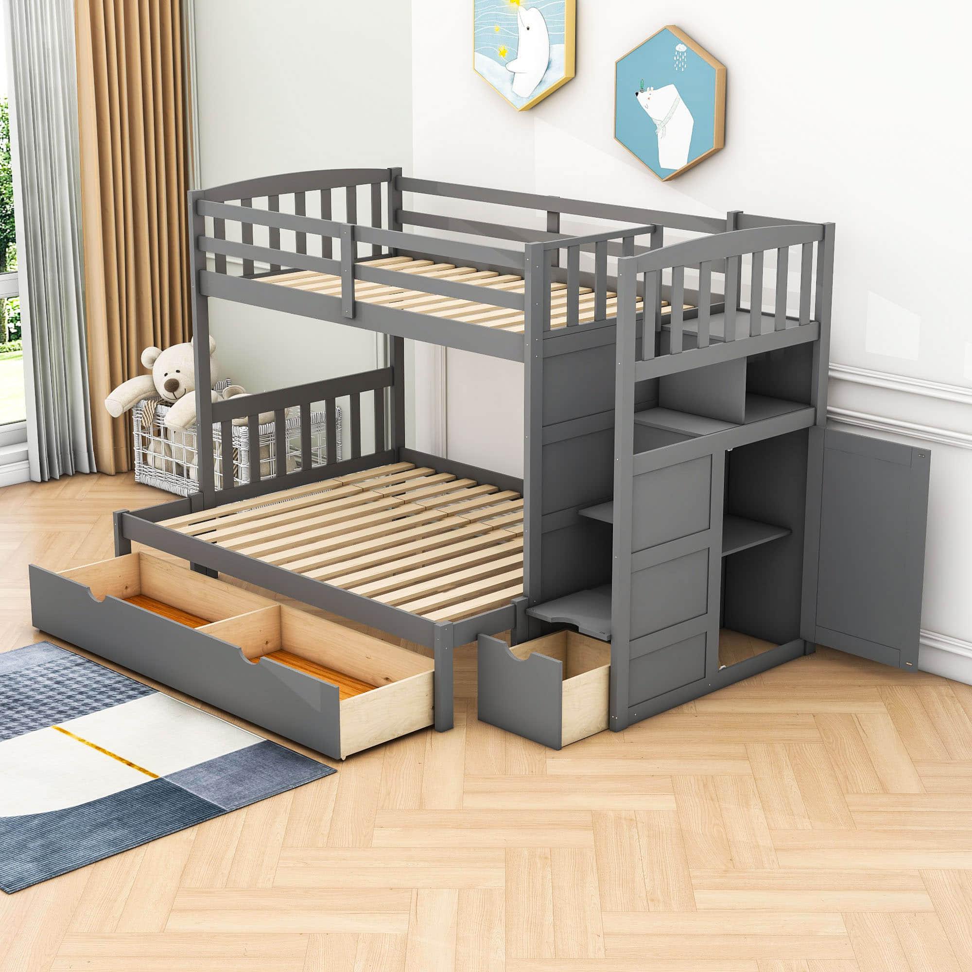 Twin Over Twin/Full Convertible Bunk Beds with Stairs and Storage - [Drawers, Shelves, Cabinet]