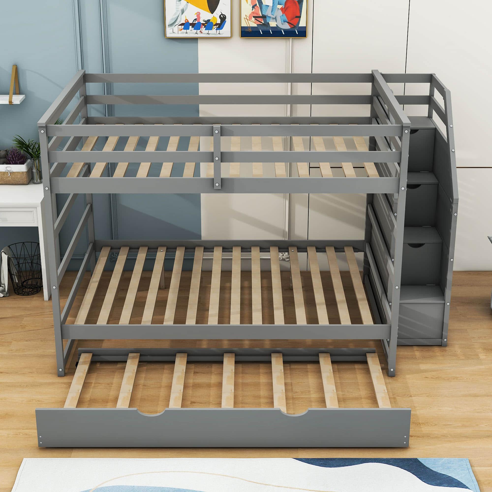 Full Over Full Bunk Beds with Stairs and Storage, Trundle - [Wood, Cabinets]