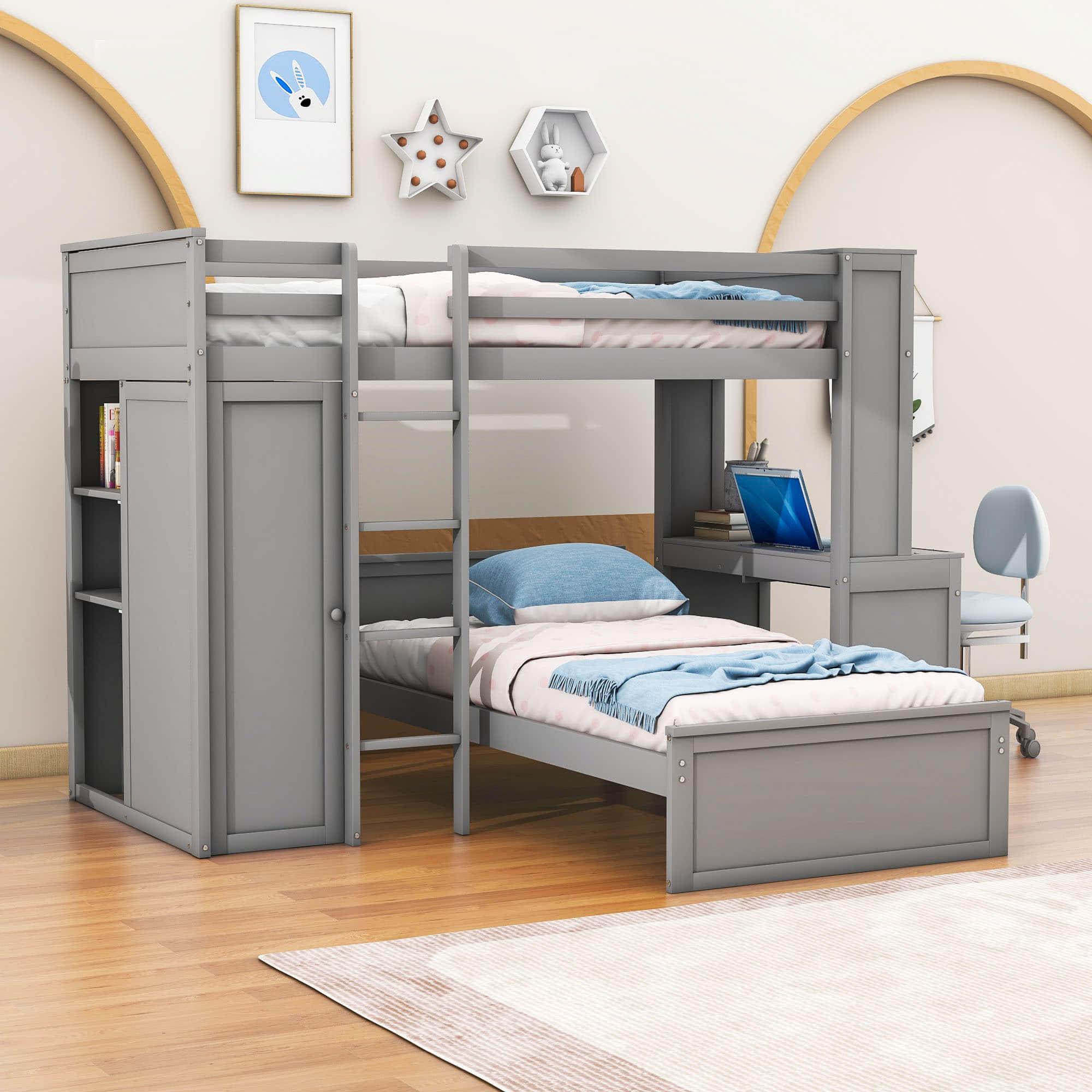 L-Shaped Twin Over Twin Bunk Beds with Desk and Storage - [Wooden, Drawers, Wardrobe]