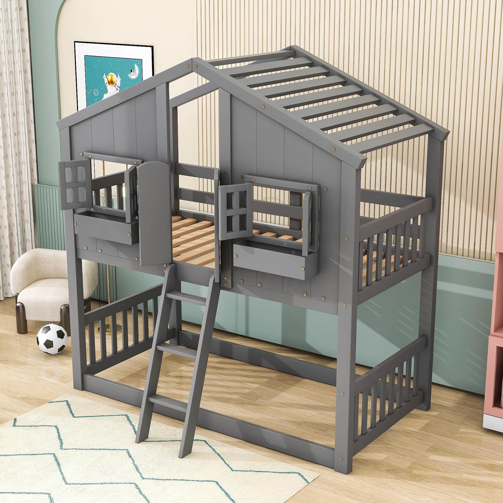 Low Twin Over Twin FarmHouse Bunk Beds for Kids, Toddler - [Wooden, Floor]