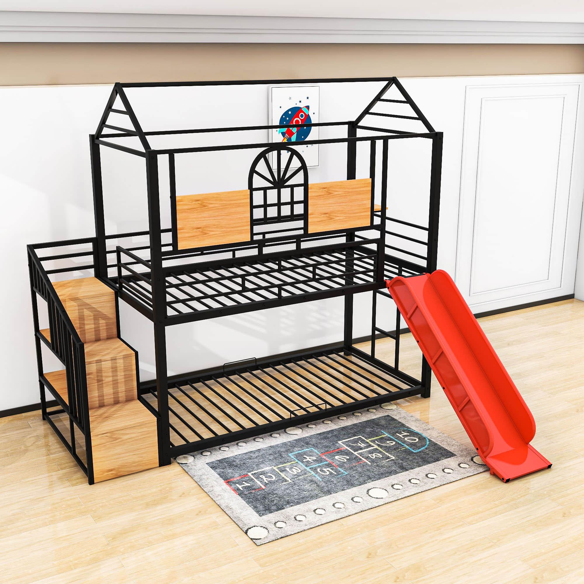 Kids Low Twin Over Twin House Metal Bunk Beds with Stairs and Slide