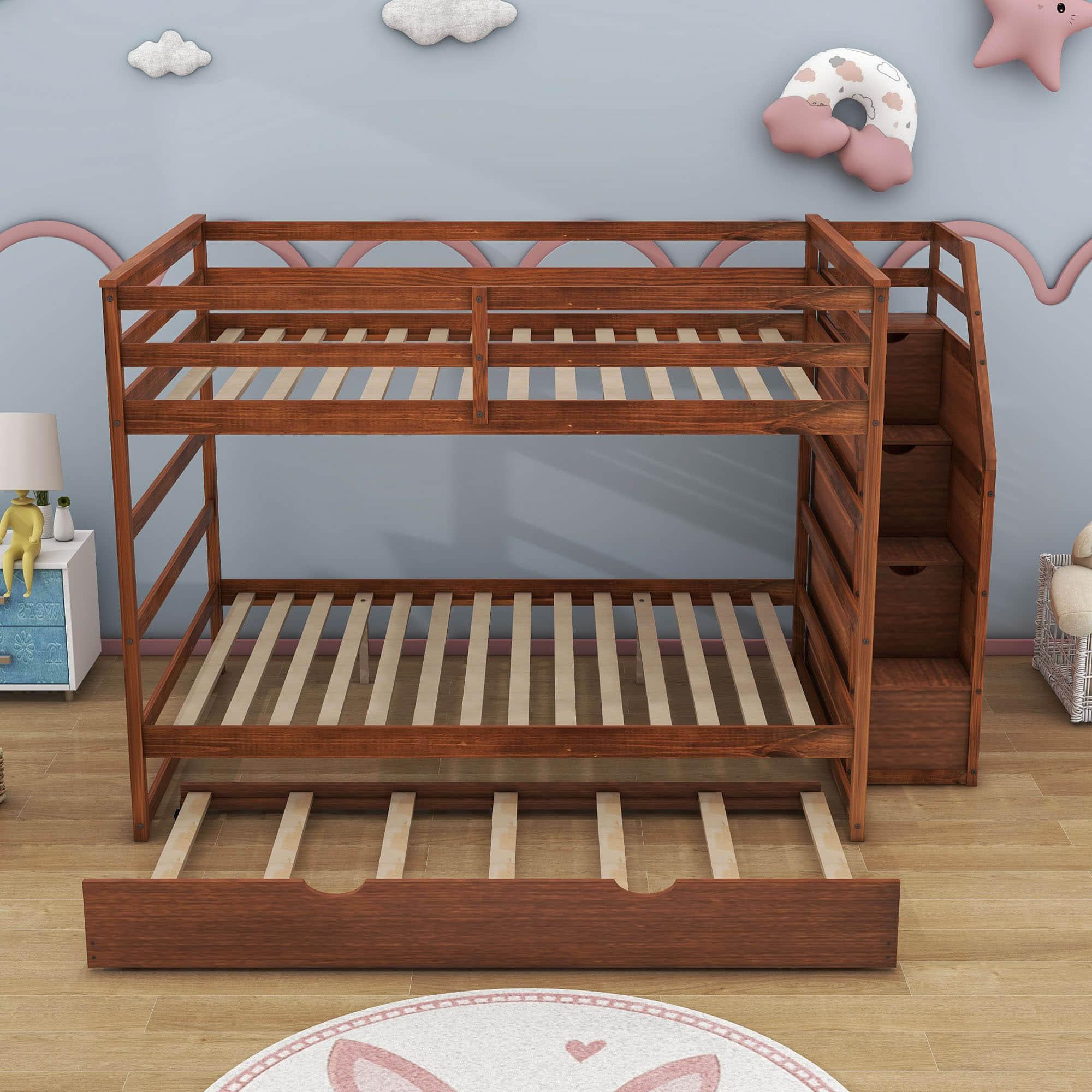 Full Over Full Bunk Beds with Stairs and Storage, Trundle - [Wood, Cabinets]