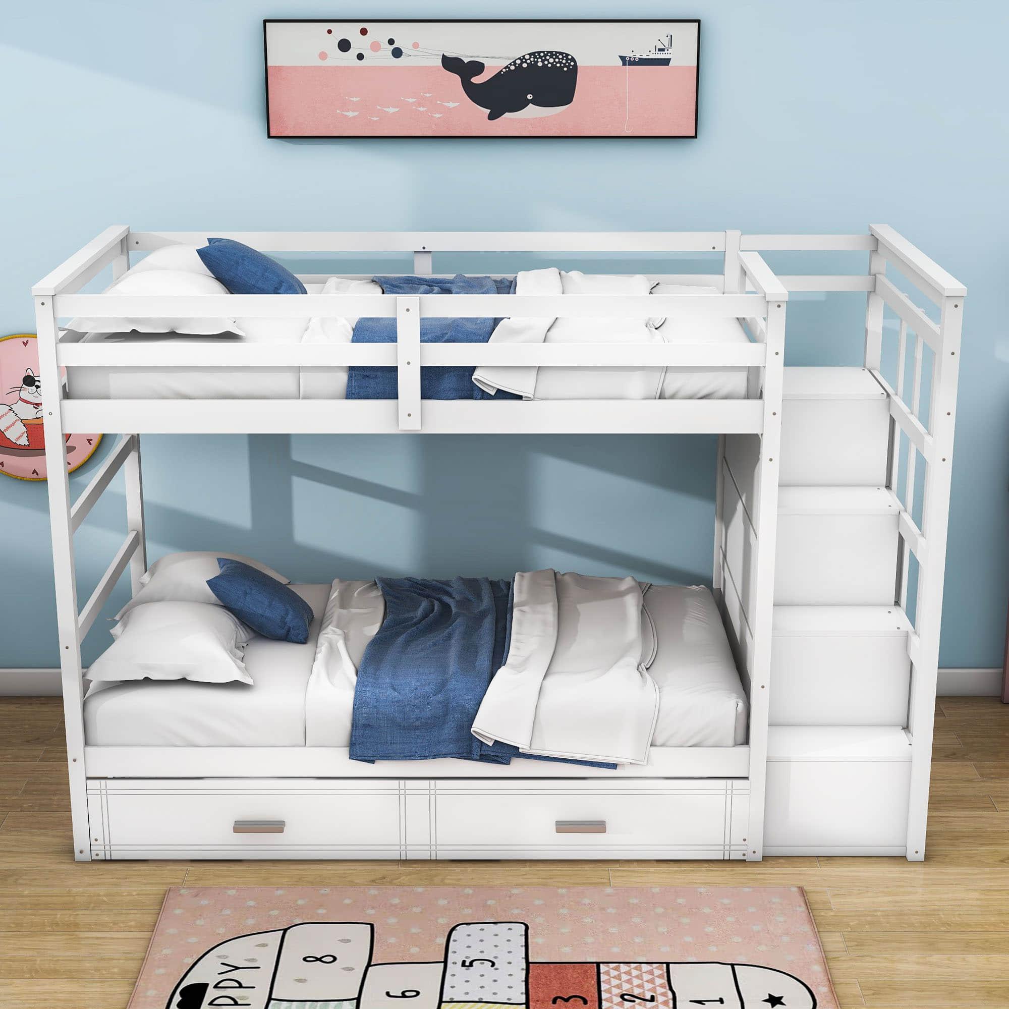 Twin Over Twin Bunk Beds with Stairs, Storage and Trundle - [Wooden, Drawers]