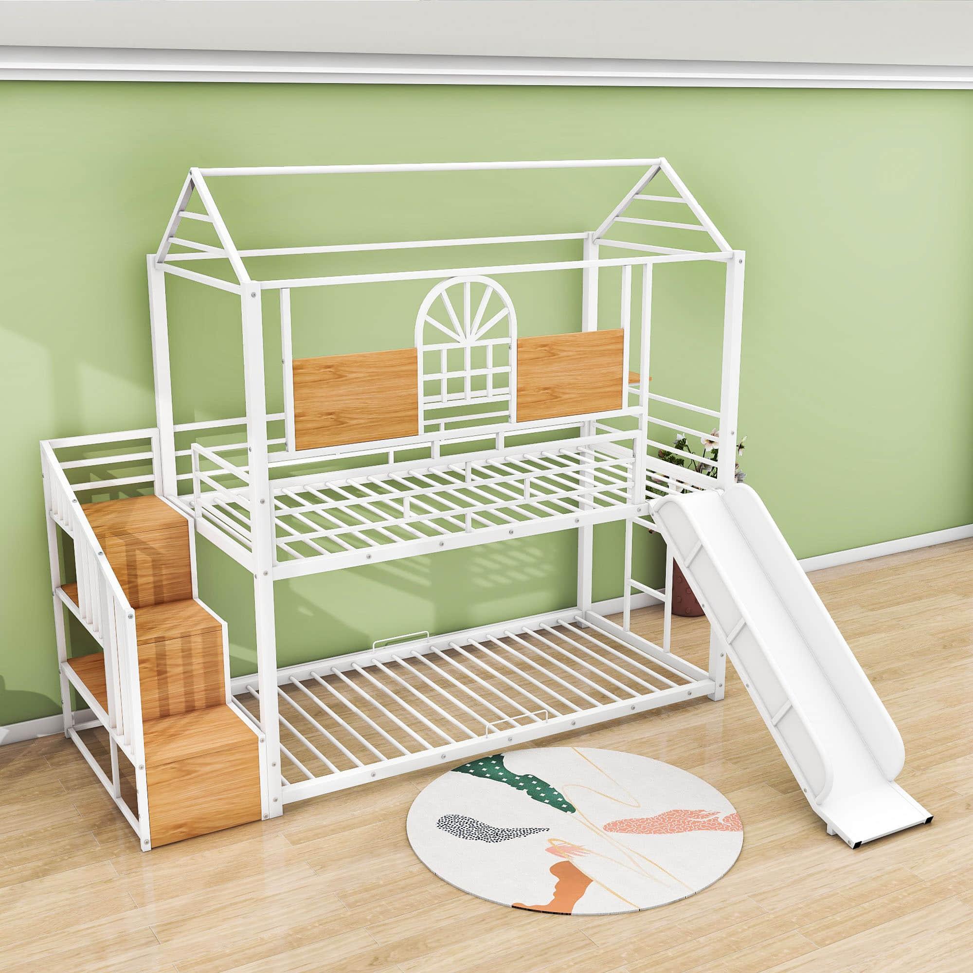 Kids Low Twin Over Twin House Metal Bunk Beds with Stairs and Slide