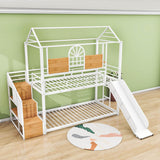 Kids Low Twin Over Twin House Metal Bunk Beds with Stairs and Slide