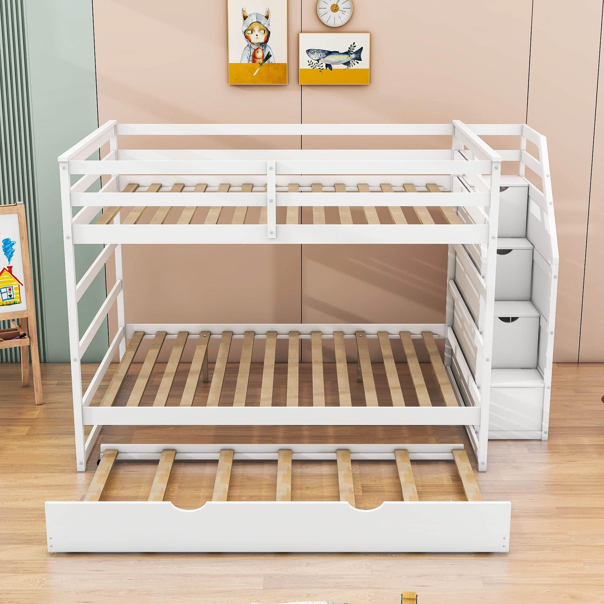 Full Over Full Bunk Beds with Stairs and Storage, Trundle - [Wood, Cabinets]