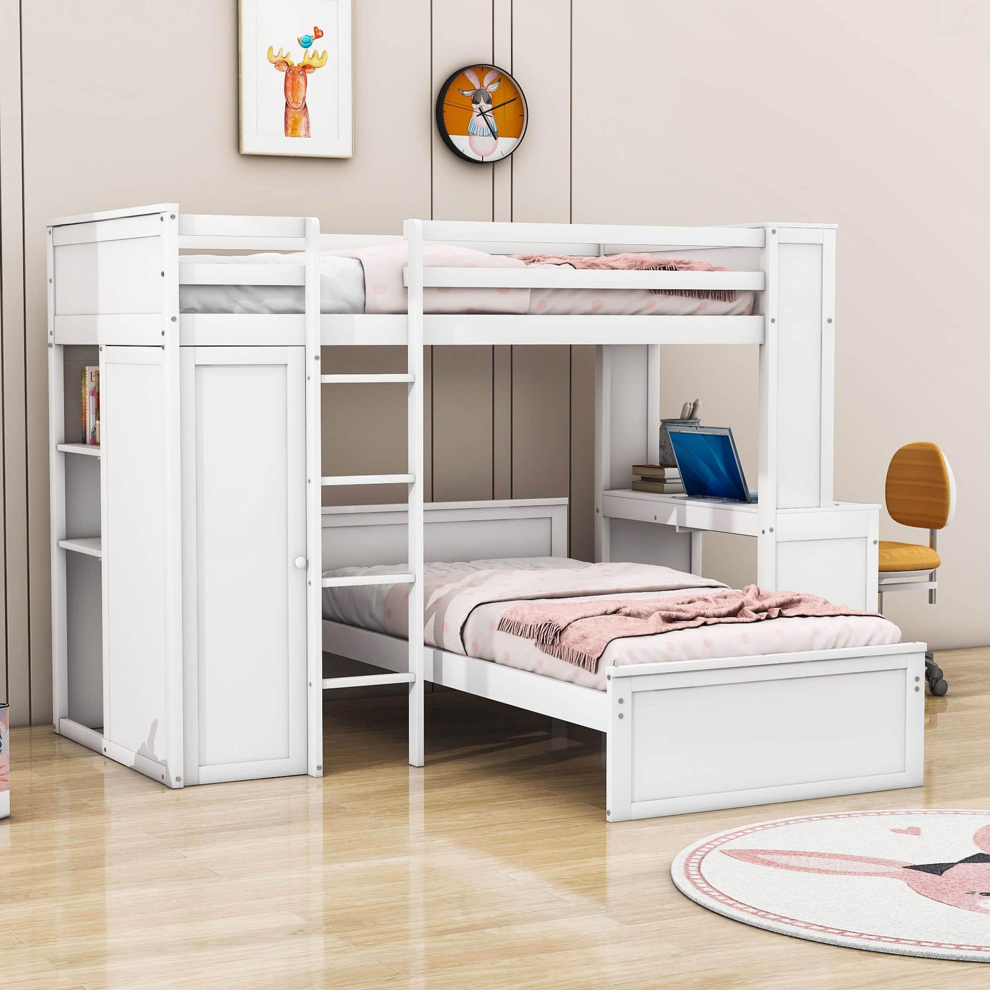 L-Shaped Twin Over Twin Bunk Beds with Desk and Storage - [Wooden, Drawers, Wardrobe]