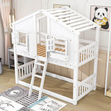 Low Twin Over Twin FarmHouse Bunk Beds for Kids, Toddler - [Wooden, Floor]