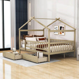 Full Size Wood House Toddler Bed Frame with Rails and Storage