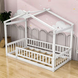 Twin Wood House Kids Toddler Floor Bed with Rails