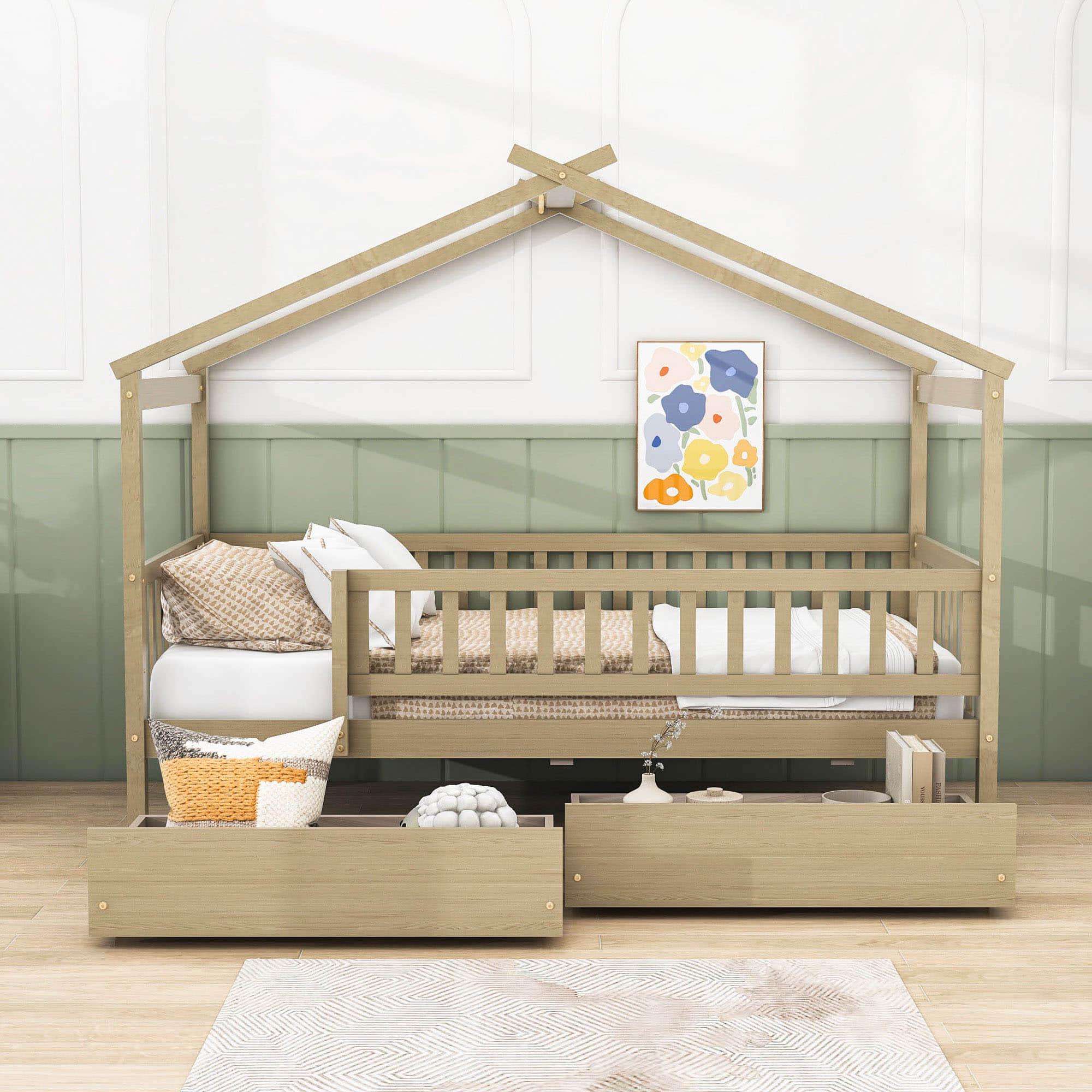 Twin Size Wood House Toddler Bed Frame with Rails and Storage