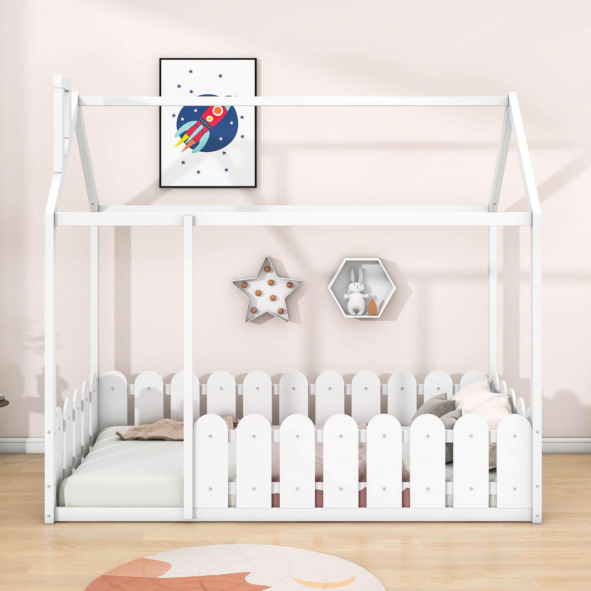 Twin Toddler Floor House Bed Frame with Rails - [Without Slats]