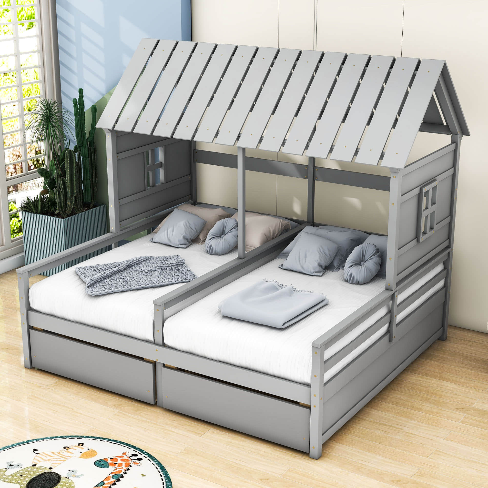 Wooden Double Twin Size House Platform Beds with Storage for 2 Kids