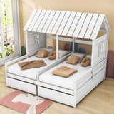 Wooden Double Twin Size House Platform Beds with Storage for 2 Kids