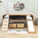 Low Kids Twin Loft Bed with Slide and Storage Boxes, Blackboard