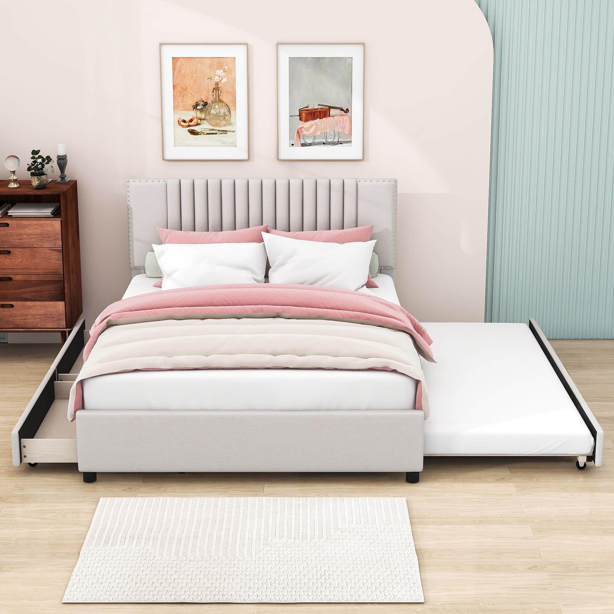 Upholstered Platform Queen Size Bed Frame with Storage and Twin XL Trundle - [Drawers, Headboard]