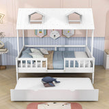 Wooden Full Size Kids House Bed with Rails and Twin Trundle Bed