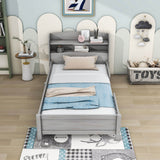 Low Twin Kids Platform Bed Frame with Rails and Storage Headboard