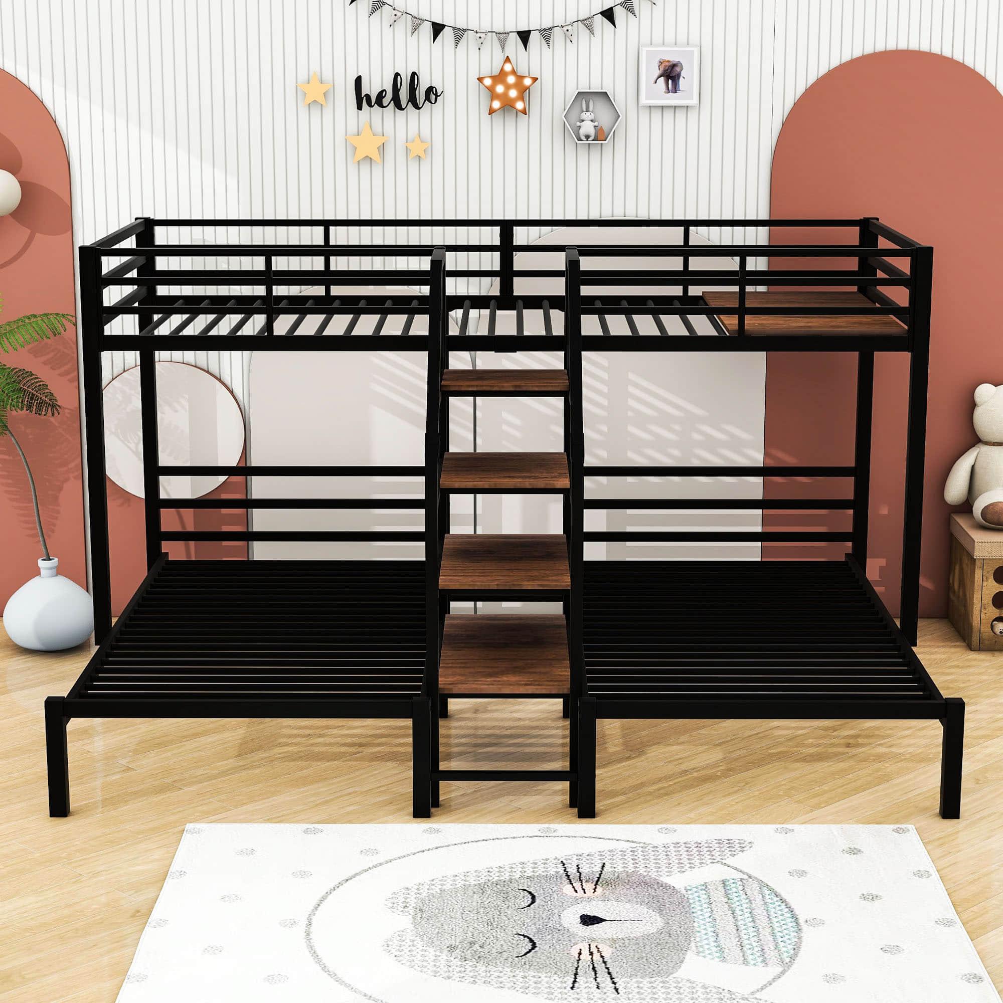 Twin Over Twin & Twin Triple Bunk Beds with Stairs and Storage - [Metal, Shelves]