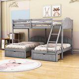 Upholstered Full Over Twin & Twin Triple Bunk Bed with Storage - [Drawers, L-Shaped]