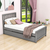 Twin Size Wood Platform Bed with Twin Trundle and Headboard